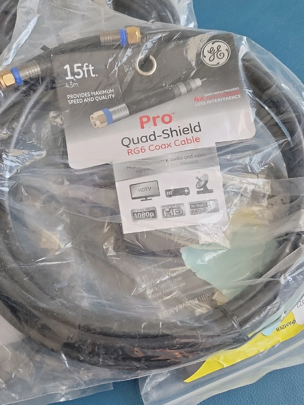GE Pro Quad-Shield RG6 Coax Cable - 15ft - Black with Gold Connectors
